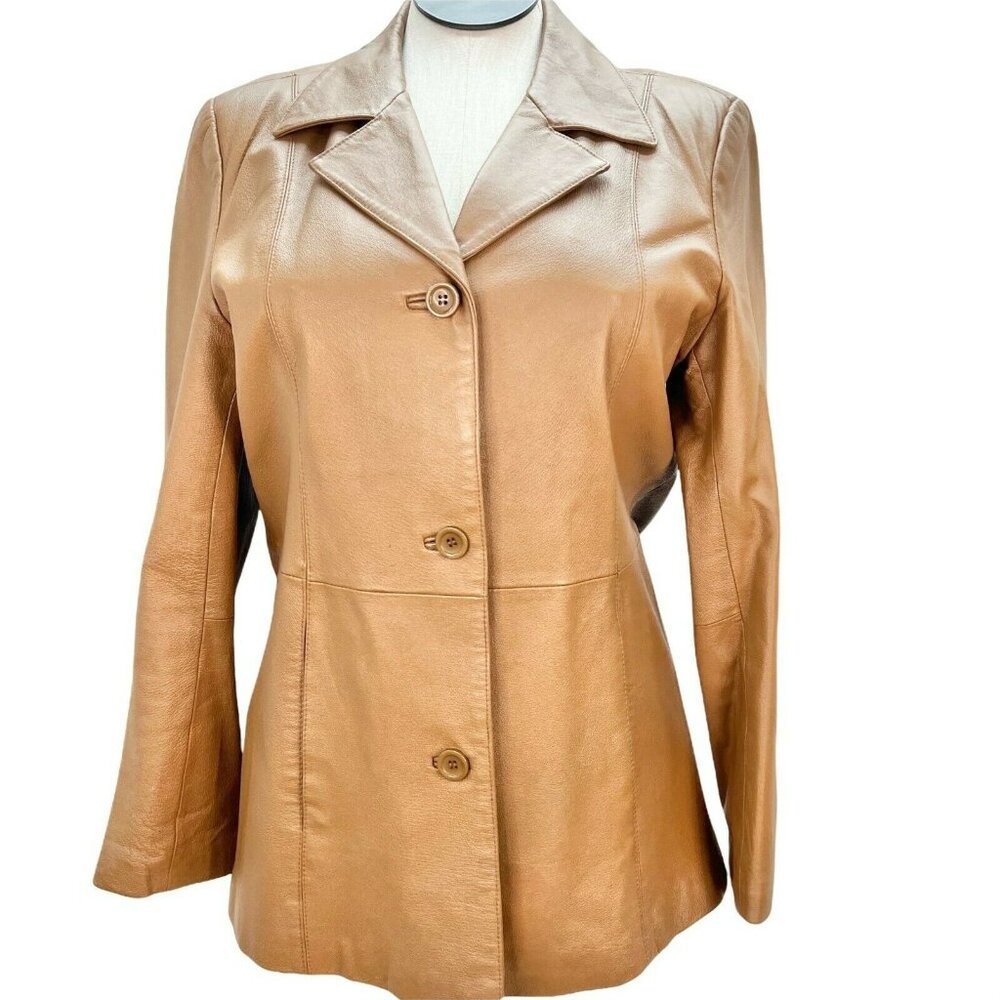 Womens Tan Leather Blazer Jacket M Button Long Sleeve Pockets Jessica Holbrook